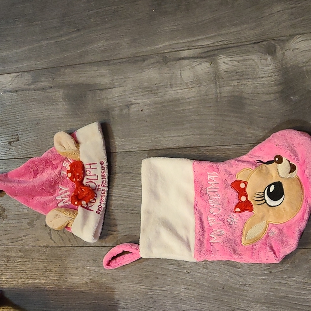 Baby girls first Christmas stocking and hat set